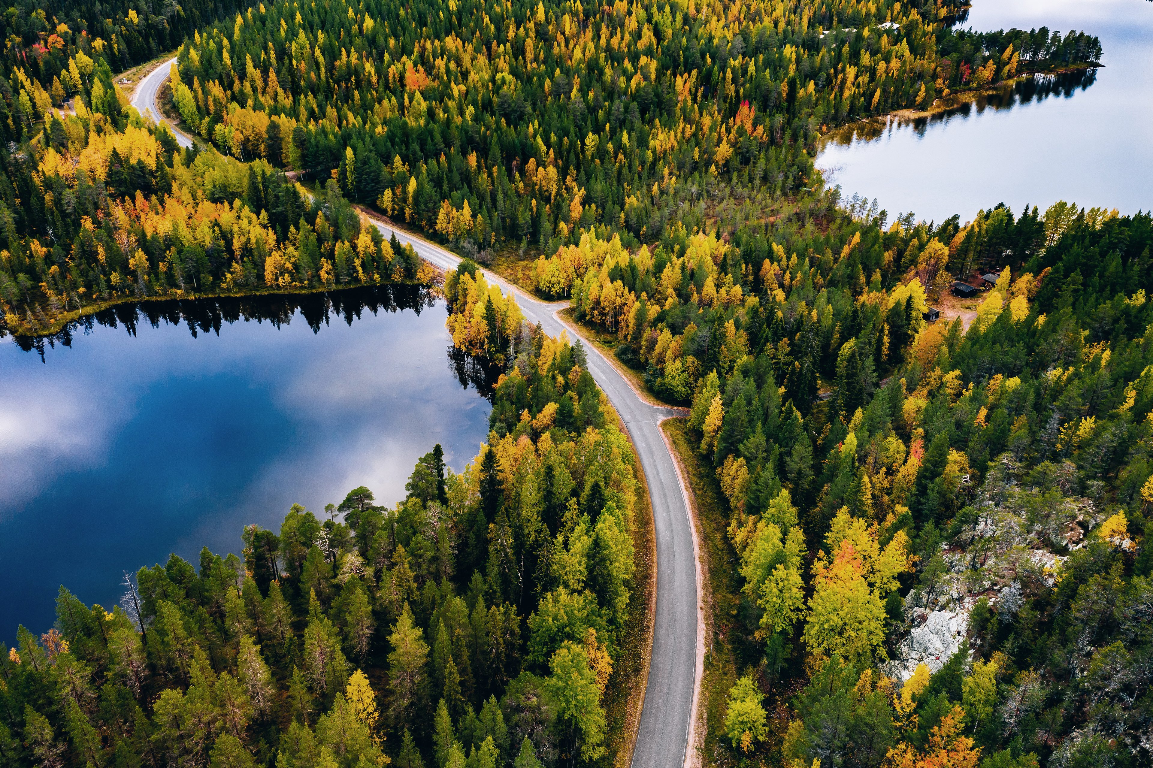 An aerial shot of a road winding through a Swedish forest with a lake nearby.