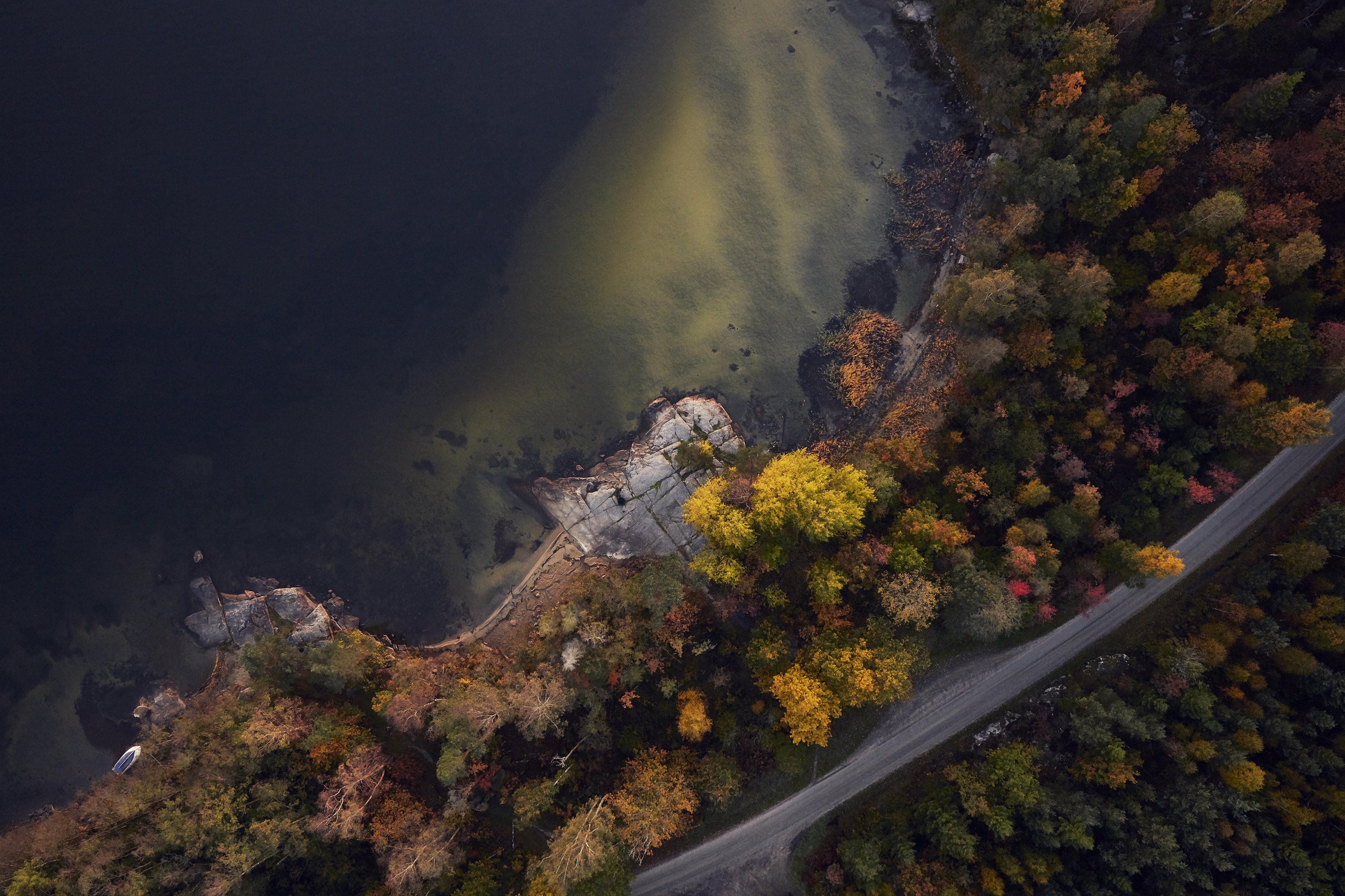 Flygfoto över en väg som löper genom en skog på den svenska västkusten, hemvist för Stena Metallkoncernen.