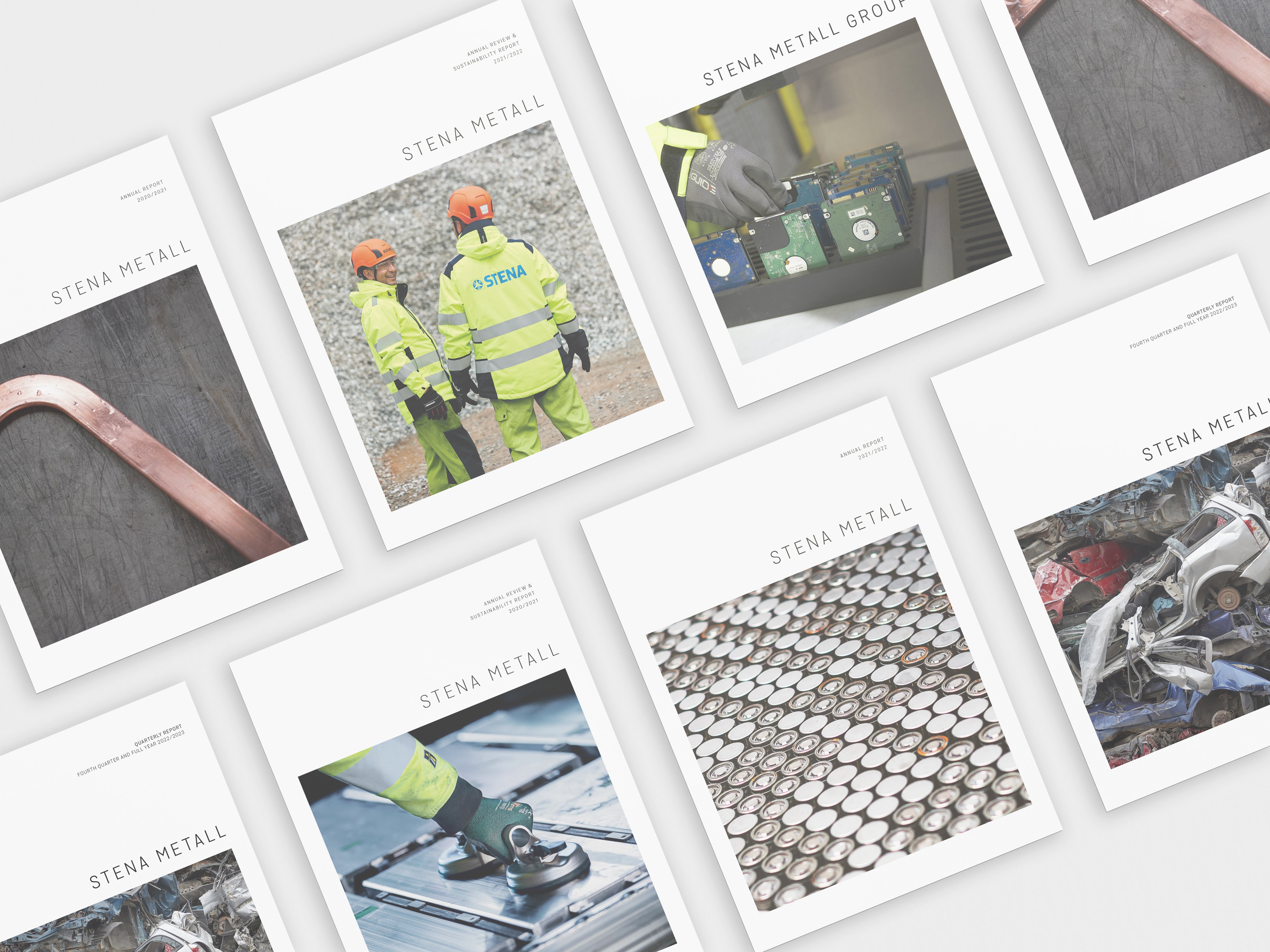 A collage of covers for Stena Metall's different financial reports