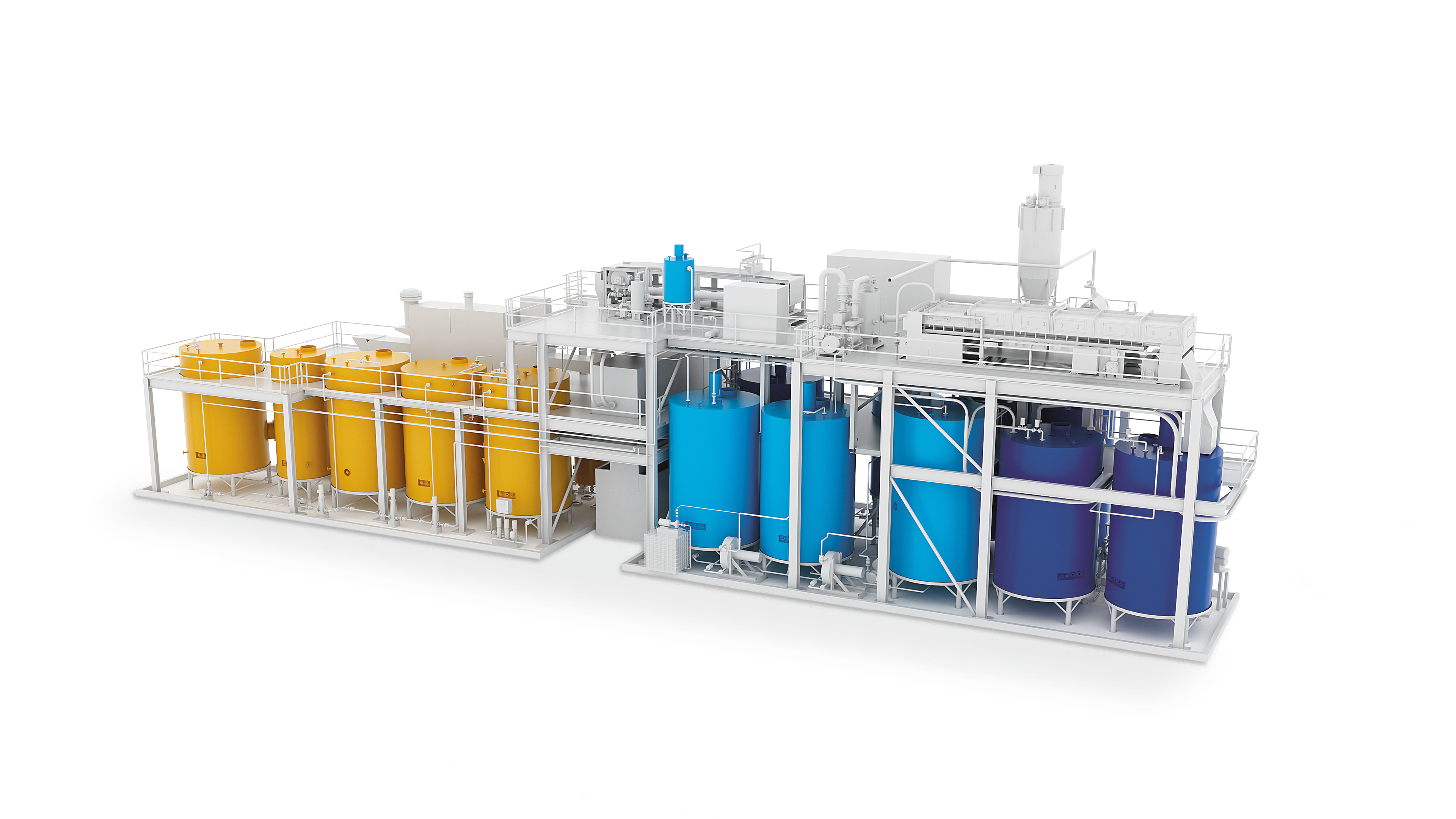 3D-model of an industrial plant, including tanks and steel constructions.